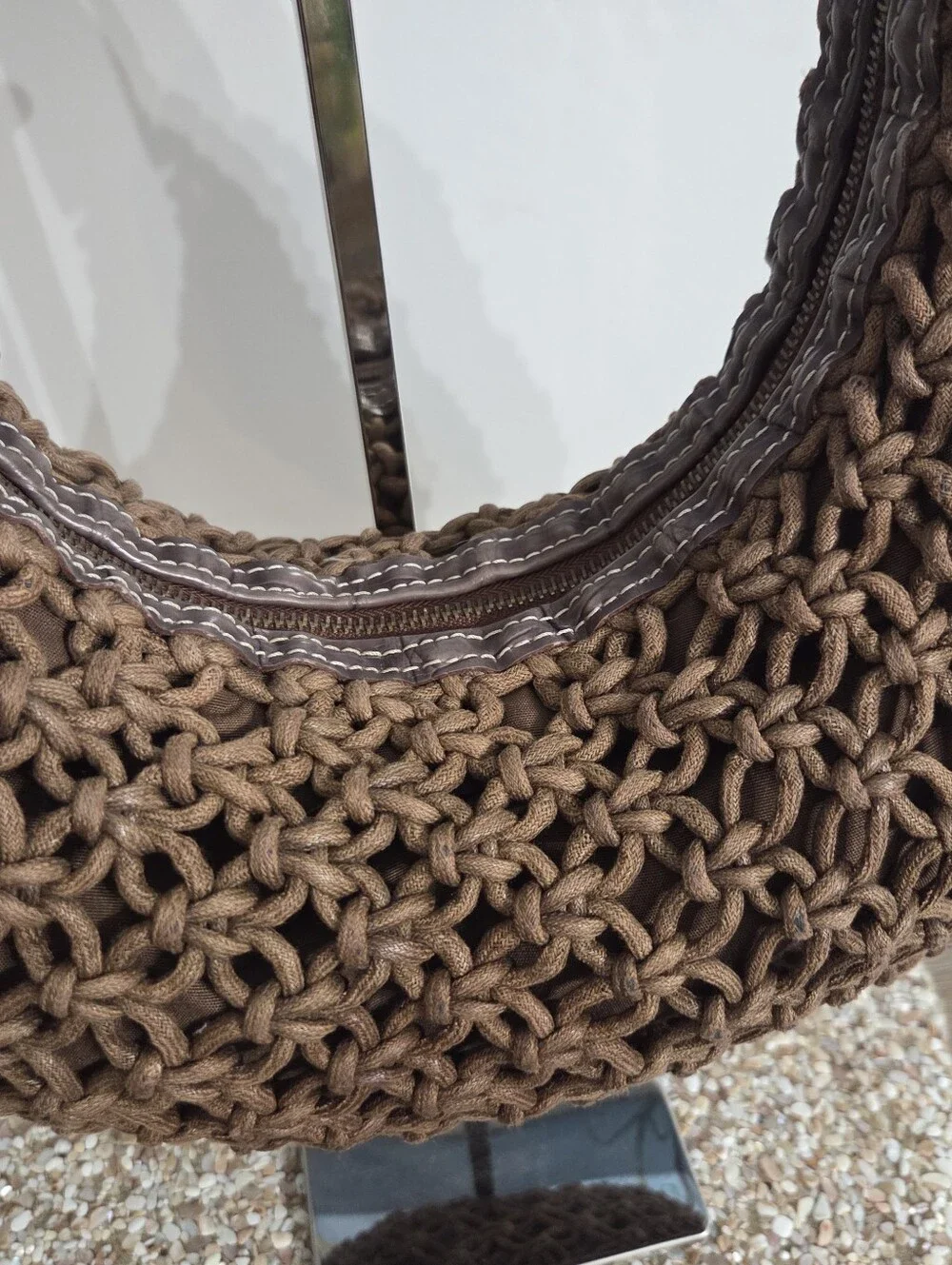 VTG Liz Claiborne Macrame Crescent Bag Brown Knotted Rope Boho Crochet Shoulder